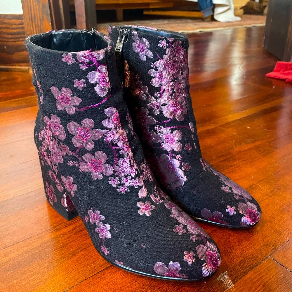 Sam Edelman black and pink cherry blossom booties